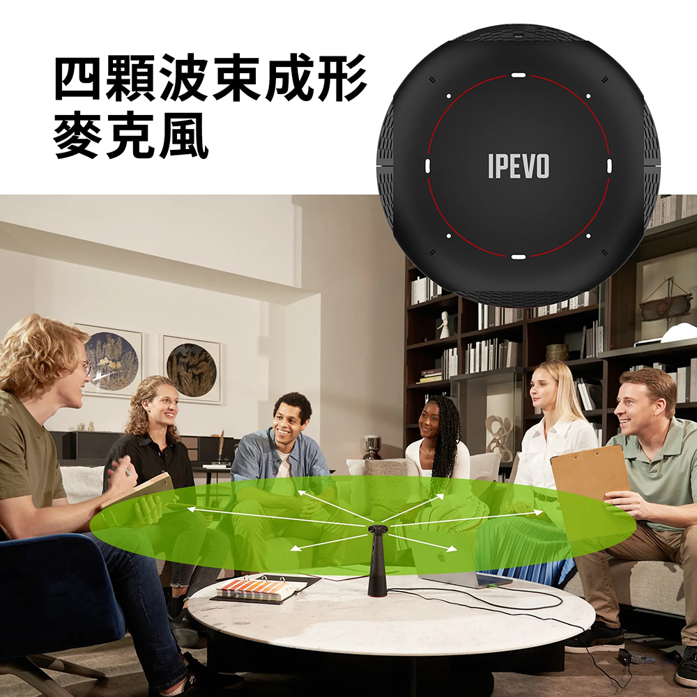 IPEVO TOTEM 360 會議攝影機 + 麥克風揚聲器有四顆波束成形麥克風
